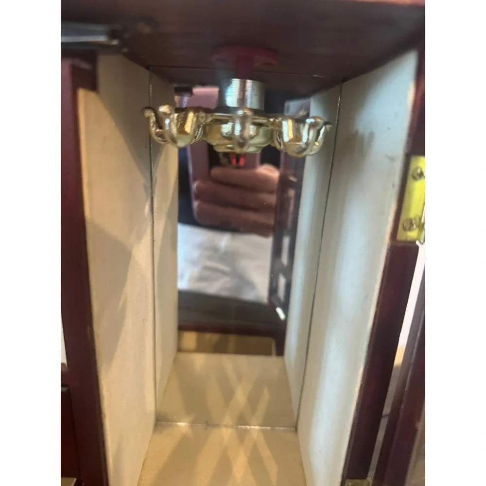 Vintage Wooden Jewelry Armoire Cherry Finish Glass Doors Necklace Carousel Box